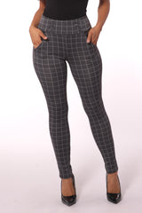 Wholesale Womens Sculpting Treggings With Waist Button Detail - Gray & White Plaid - S&G Apparel