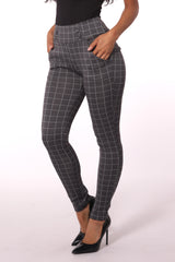 Wholesale Womens Sculpting Treggings With Waist Button Detail - Gray & White Plaid - S&G Apparel