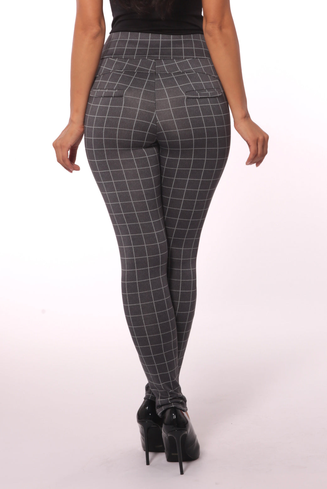 Wholesale Womens Sculpting Treggings With Waist Button Detail - Gray & White Plaid - S&G Apparel