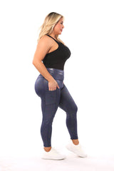 Wholesale Womens Shiny Heat Seal Print High Waist Tummy Control Sports Leggings With Pockets - Blue - S&G Apparel