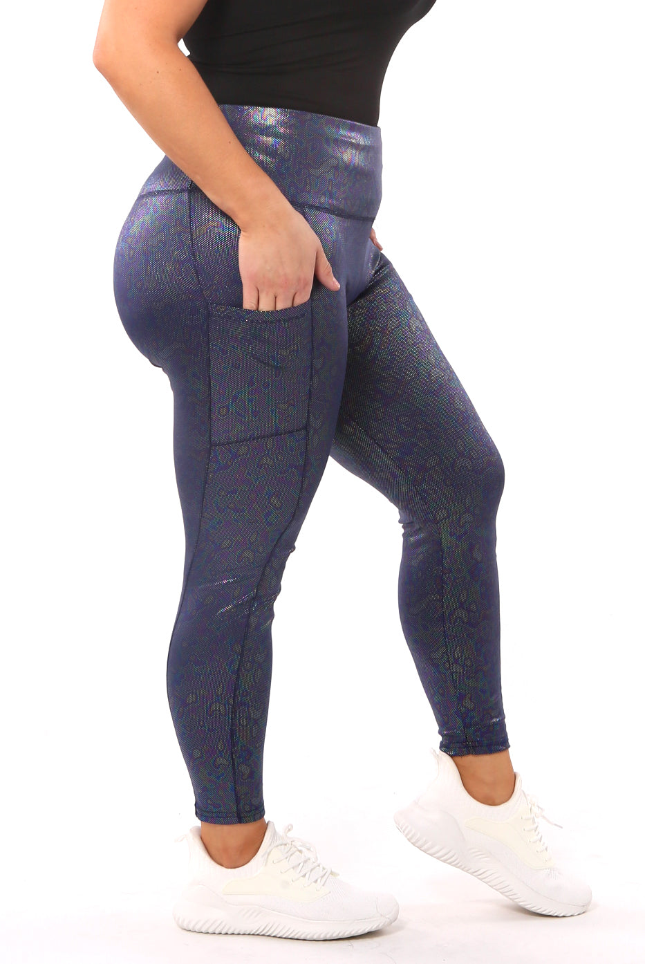 Wholesale Womens Shiny Heat Seal Print High Waist Tummy Control Sports Leggings With Pockets - Blue - S&G Apparel