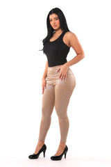 Wholesale Womens Shiny Heat Seal Print High Waist Tummy Control Sports Leggings With Pockets - Tan - S&G Apparel