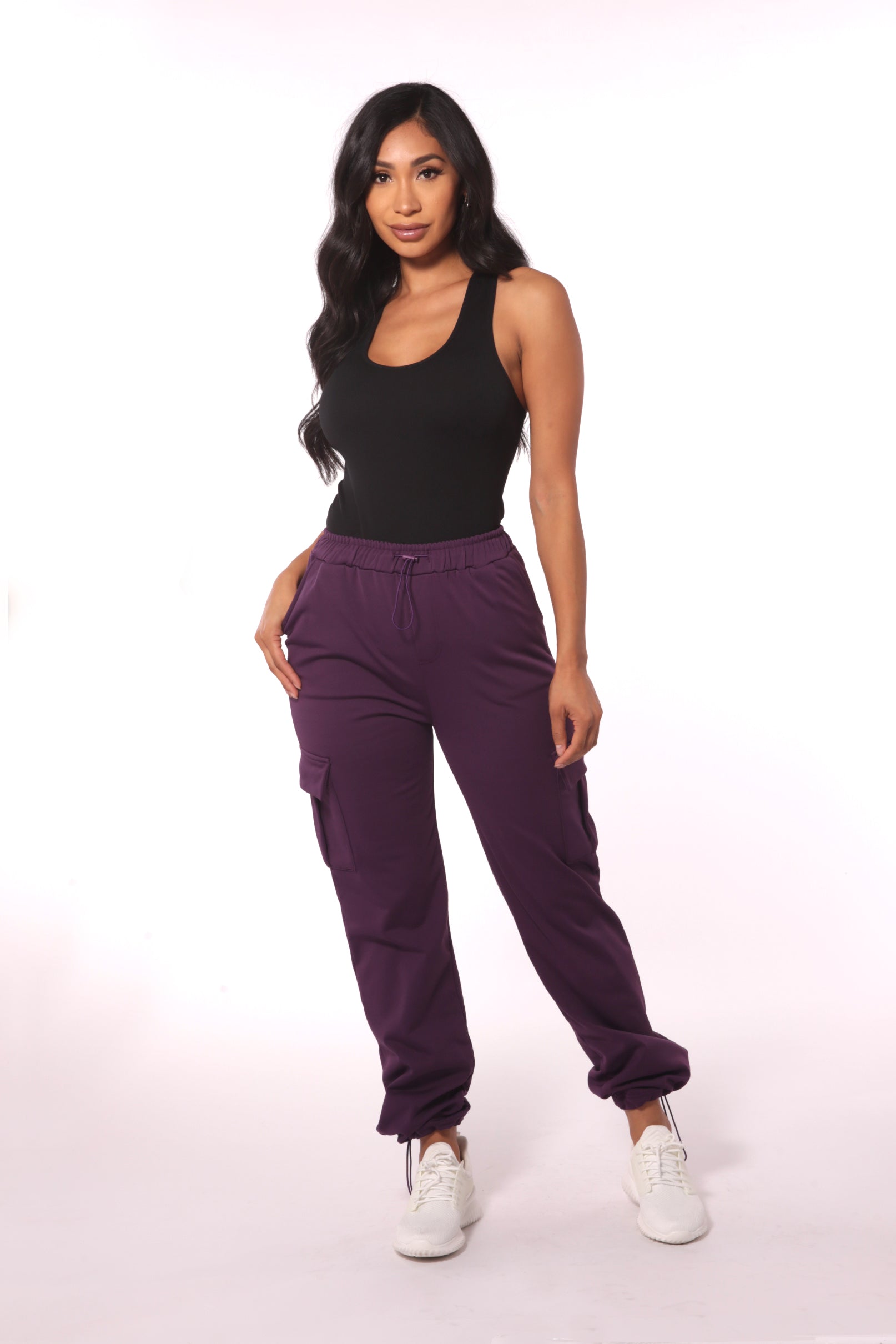 Wholesale Womens Straight Leg Cargo Pants With Bungee Cord Ties - Purple - S&G Apparel