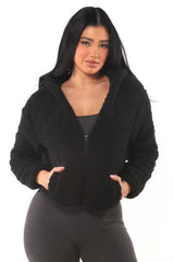 Wholesale Womens Teddy Plush Faux Fur Zip Up Hoodie Jackets With Contrast Trim - Black - S&G Apparel