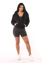 Wholesale Womens Teddy Plush Faux Fur Zip Up Hoodie Jackets With Contrast Trim - Black - S&G Apparel