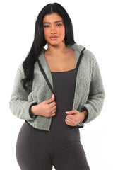 Wholesale Womens Teddy Plush Faux Fur Zip Up Hoodie Jackets With Contrast Trim - Dark Sage - S&G Apparel