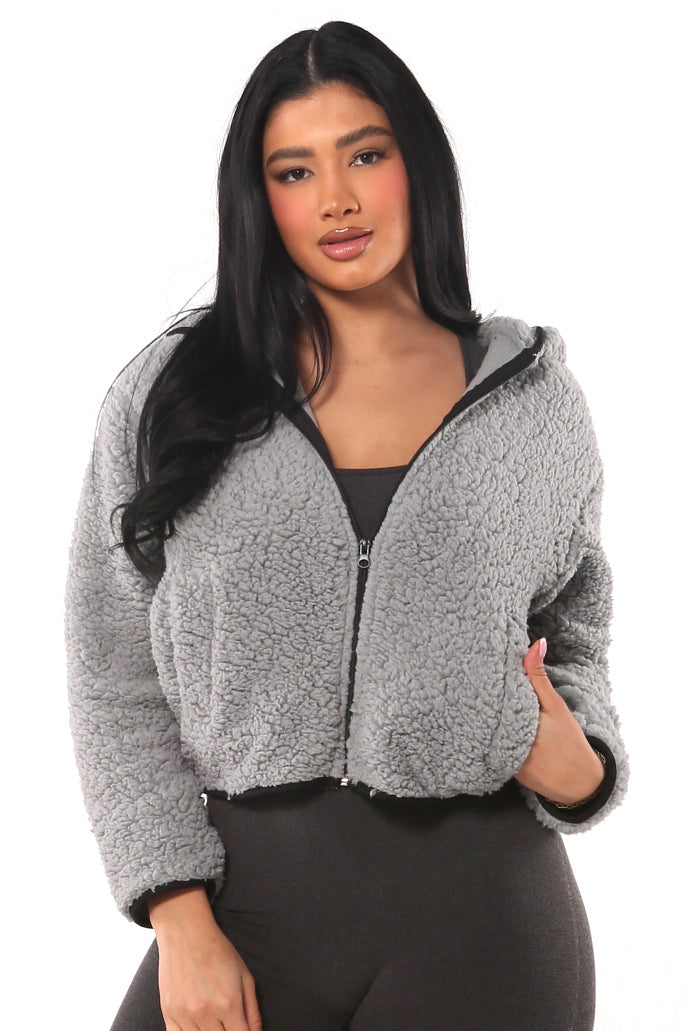Wholesale Womens Teddy Plush Faux Fur Zip Up Hoodie Jackets With Contrast Trim - Gray - S&G Apparel