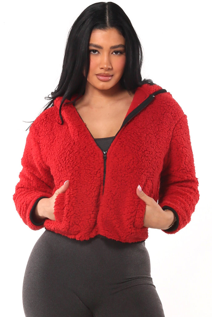 Wholesale Womens Teddy Plush Faux Fur Zip Up Hoodie Jackets With Contrast Trim - Tomato - S&G Apparel