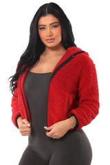 Wholesale Womens Teddy Plush Faux Fur Zip Up Hoodie Jackets With Contrast Trim - Tomato - S&G Apparel
