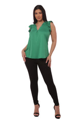 Wholesale Womens V-Neck Tops With Ruffle Armhole Detail - Green - S&G Apparel