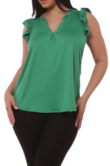 Wholesale Womens V-Neck Tops With Ruffle Armhole Detail - Green - S&G Apparel