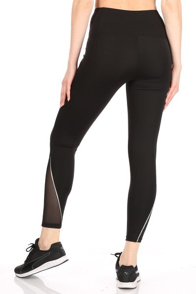 Wholesale Womens High Waist Tummy Control Sports Leggings With Side Mesh Pockets & Reflective Leg Detail - Black
