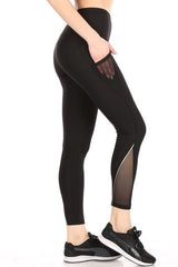 Wholesale Womens High Waist Tummy Control Sports Leggings With Side Mesh Pockets & Reflective Leg Detail - Black