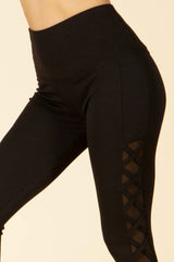Wholesale Womens High Waist Tummy Control Sports Leggings With Mesh Panels & Criss Cross Straps - Black