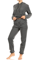 Wholesale Womens 2-Piece Set Fleece Lined French Terry Pull Over Hoodies + Matching High Waist Sweatpants - Charcoal