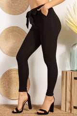 Wholesale Womens High Waist Treggings With Waist Tie & Pockets - Black