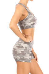 Wholesale Womens 2-Piece Sets Strappy Sports Bra Tops & High Rise Hot Shorts - Grey Camo