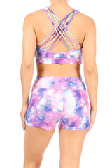 Wholesale Womens 2-Piece Sets Strappy Sports Bra Tops & High Rise Hot Shorts - Purple & Blue Galaxy