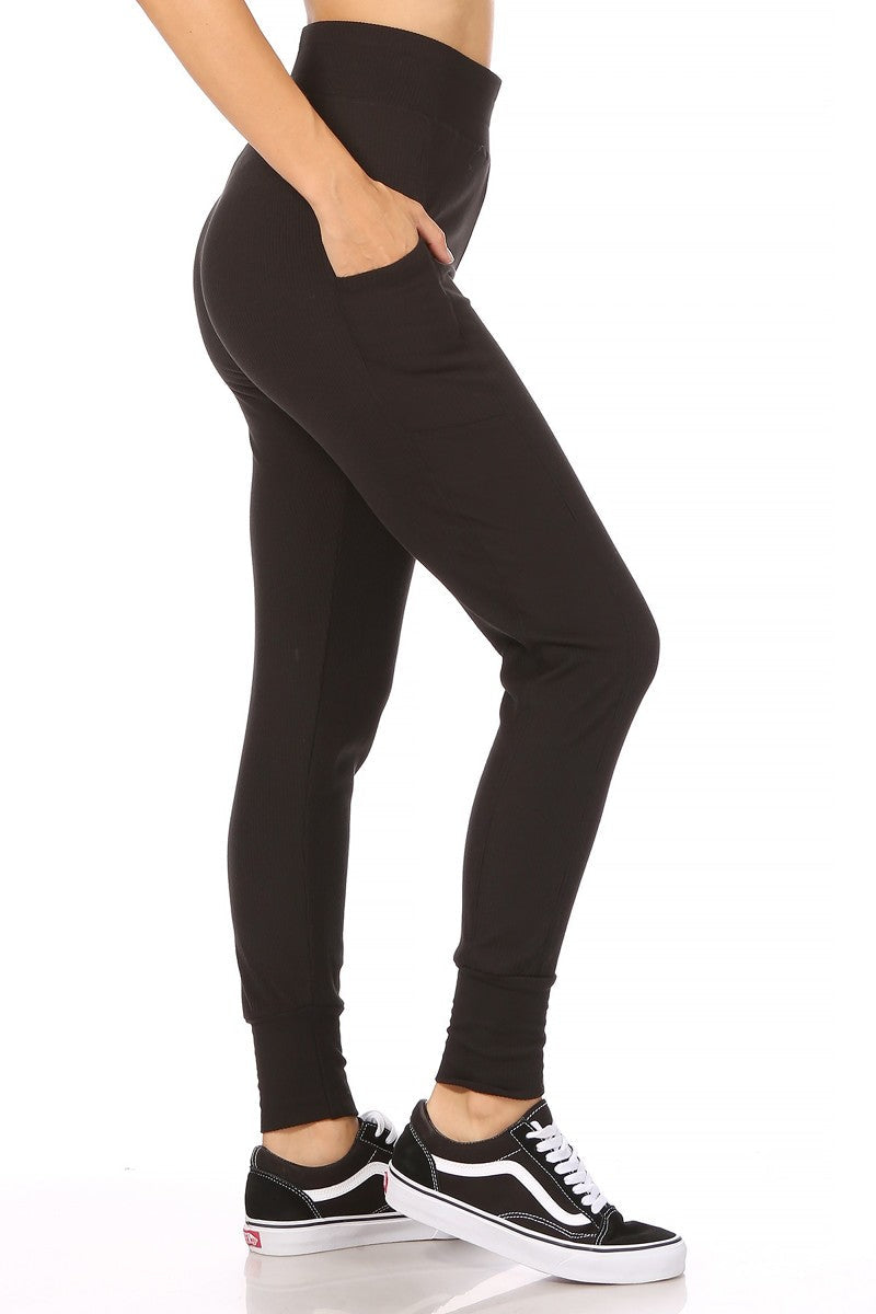 Wholesale Womens High Waist Soft Brush Ribbed Fleece Lined Slim Fit Joggers - Black