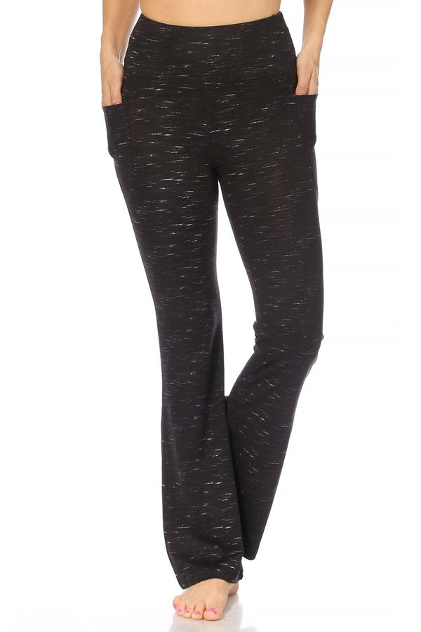 Wholesale Womens High Waist Soft Brushed Flare Pants With Pockets - Black & White Space Dye