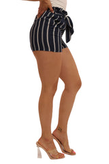Wholesale Womens Paperbag Waist Shorts With Pockets & Self Belt - Navy & White Stripe