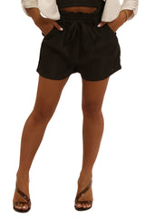 Wholesale Womens Paperbag Waist Shorts With Pockets & Self Belt - Black