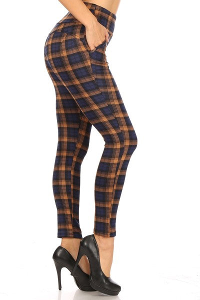 Wholesale Womens High Waist Sculpting Treggings With Front Pockets - Navy & Mustard Plaid
