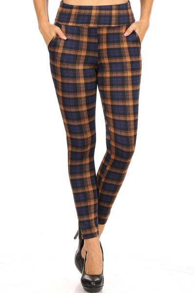 Wholesale Womens High Waist Sculpting Treggings With Front Pockets - Navy & Mustard Plaid