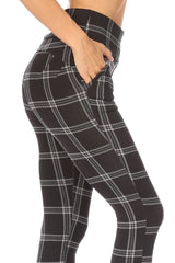Wholesale Womens High Waist Sculpting Treggings With Front Pockets - Black & White Plaid