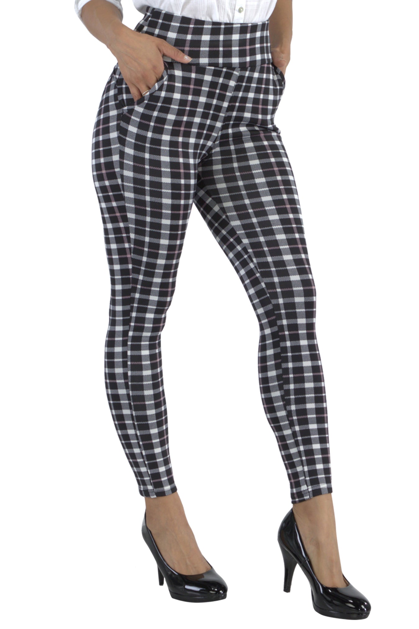 Wholesale Womens High Waist Sculpting Treggings With Front Pockets - Black, White, Muave Plaid