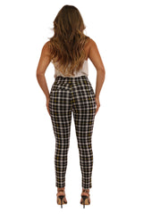 Wholesale Womens High Waist Sculpting Treggings With Front Pockets - Black, White, Mustard Plaid