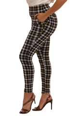 Wholesale Womens High Waist Sculpting Treggings With Front Pockets - Black, White, Mustard Plaid