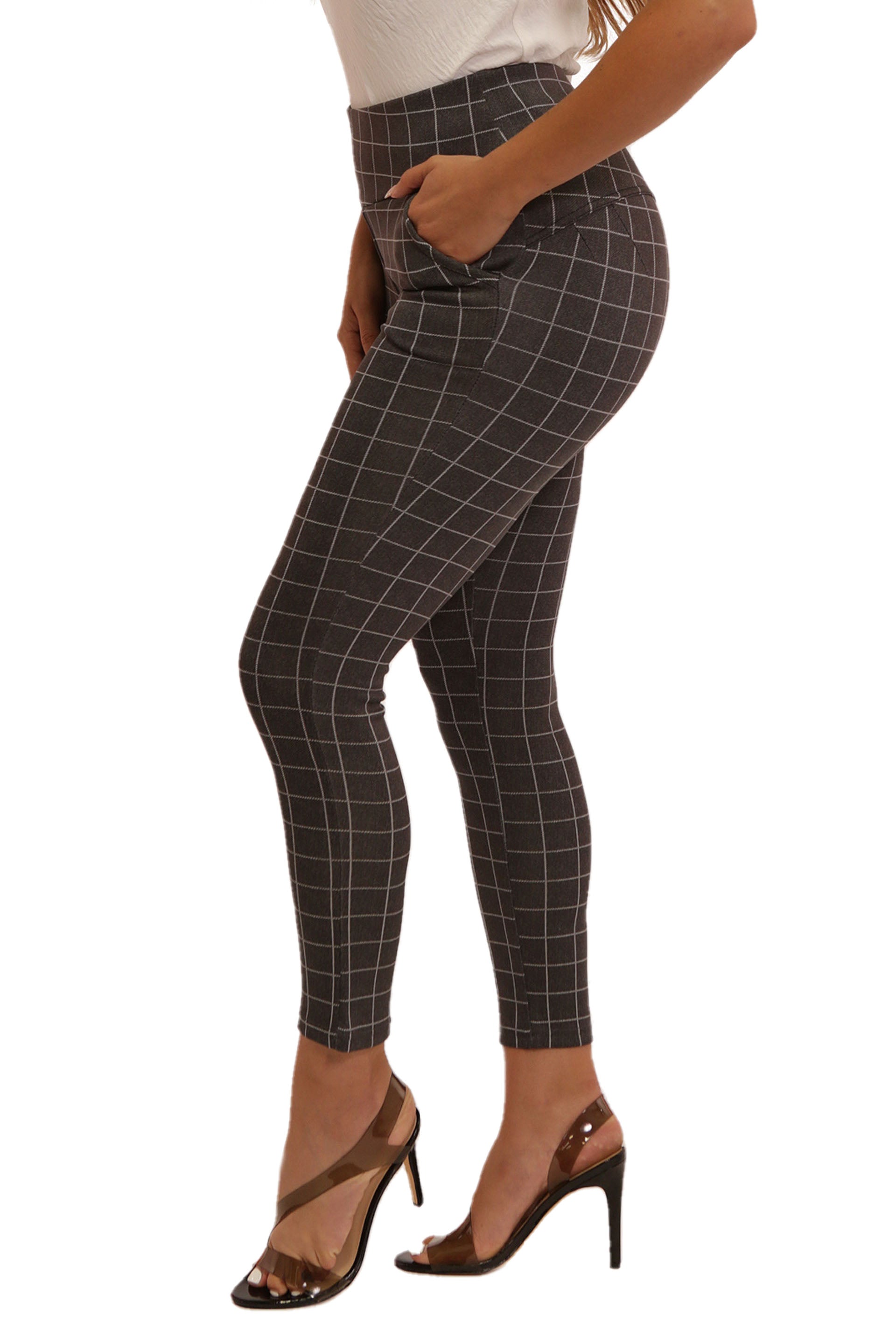 Wholesale Womens High Waist Sculpting Treggings With Front Pockets - Grey & White Plaid