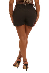 Wholesale Womens High Waist Poly Linen Shorts With Front Pockets And Drawstrings - Black