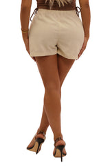 Wholesale Womens High Waist Poly Linen Shorts With Front Pockets And Drawstrings - Oatmilk