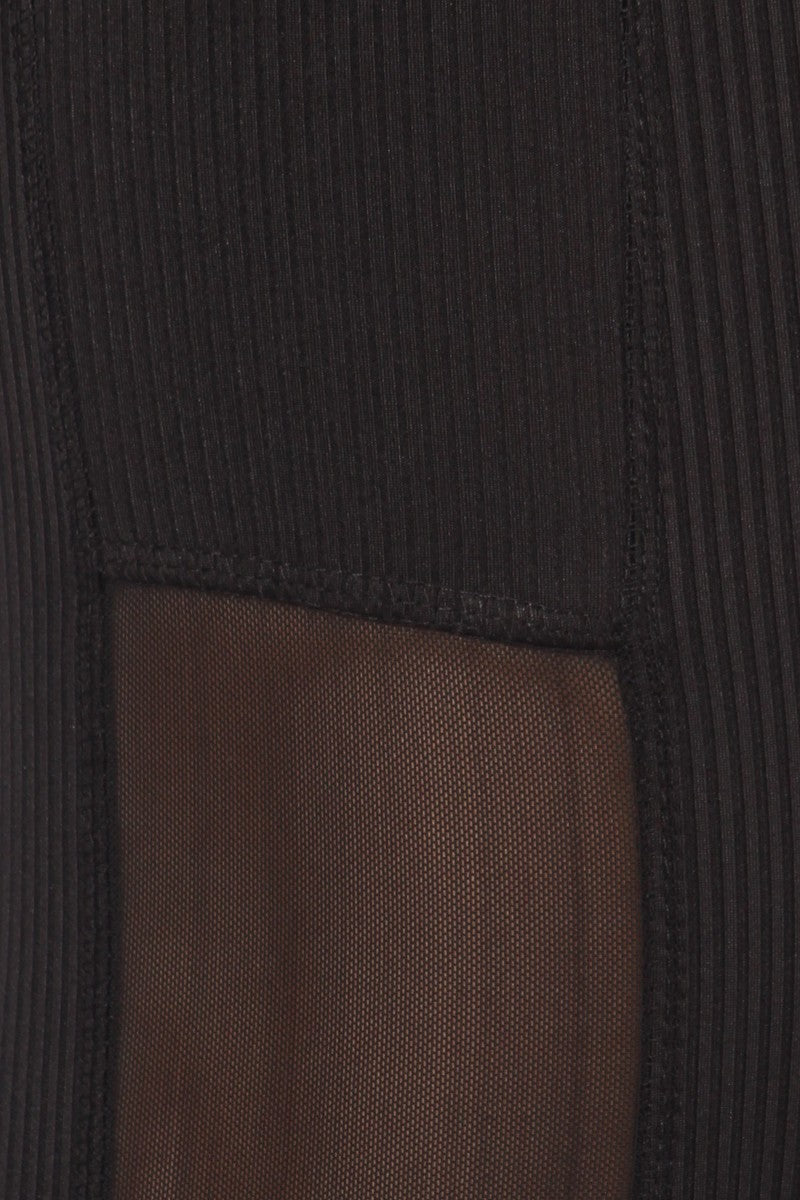 Wholesale Womens 2-Piece Sports Set Rib Knit Bra Top With Mesh Trim & Overlap Waist Legging With Mesh Panels & Pockets - Black