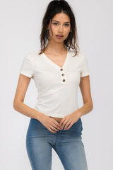 Wholesale Womens Button V-Neck Ribbed Short Sleeve T-Shirt Top - Ivory - S&G Apparel