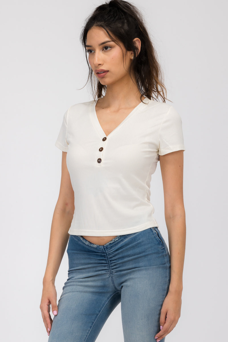 Wholesale Womens Button V-Neck Ribbed Short Sleeve T-Shirt Top - Ivory - S&G Apparel