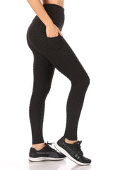 Wholesale Womens High Waist Honeycomb Textured Sports Leggings With Pockets - Black - S&G Apparel