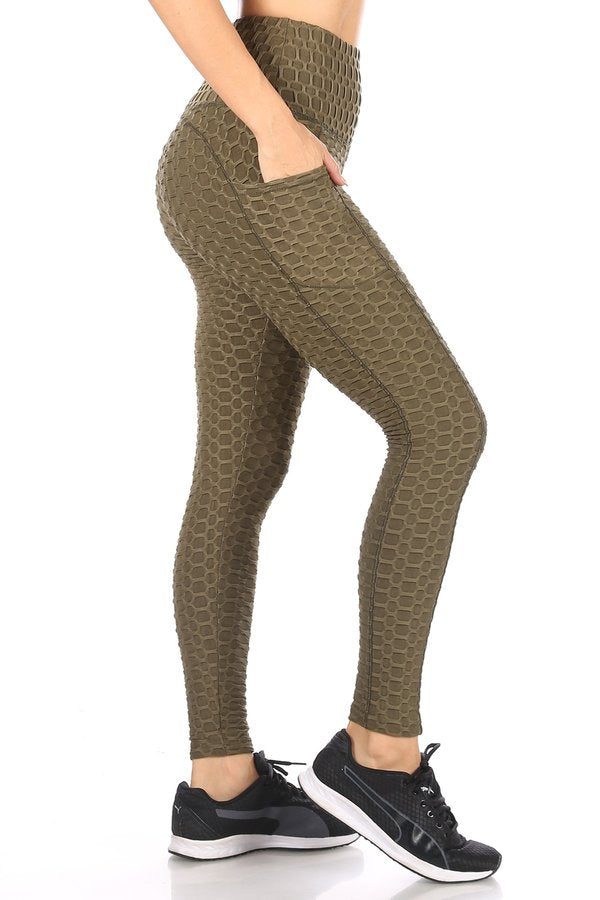 Wholesale Womens High Waist Honeycomb Textured Sports Leggings With Pockets - Dark Olive - S&G Apparel