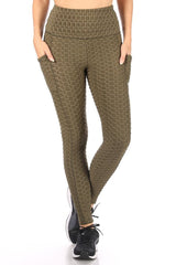 Wholesale Womens High Waist Honeycomb Textured Sports Leggings With Pockets - Dark Olive - S&G Apparel