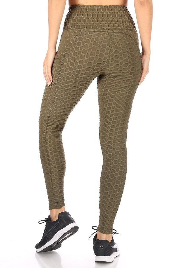 Wholesale Womens High Waist Honeycomb Textured Sports Leggings With Pockets - Dark Olive - S&G Apparel