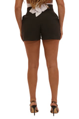 Wholesale Womens High Waist Pleat Shorts With Waist Button Detail - Black - S&G Apparel