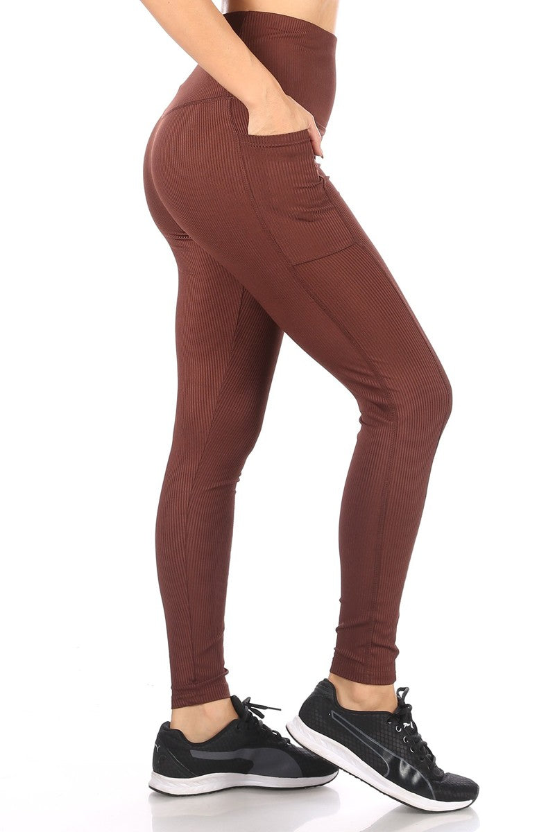 Wholesale Womens High Waist Rib Knit Leggings With Side Pockets - Chocolate Brown - S&G Apparel