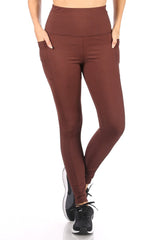 Wholesale Womens High Waist Rib Knit Leggings With Side Pockets - Chocolate Brown - S&G Apparel