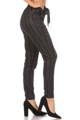 Wholesale Womens High Waist Slim Fit Pants With Waist Tie & Pockets - Black, White Stripes - S&G Apparel