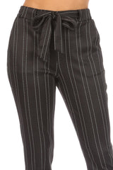 Wholesale Womens High Waist Slim Fit Pants With Waist Tie & Pockets - Black, White Stripes - S&G Apparel
