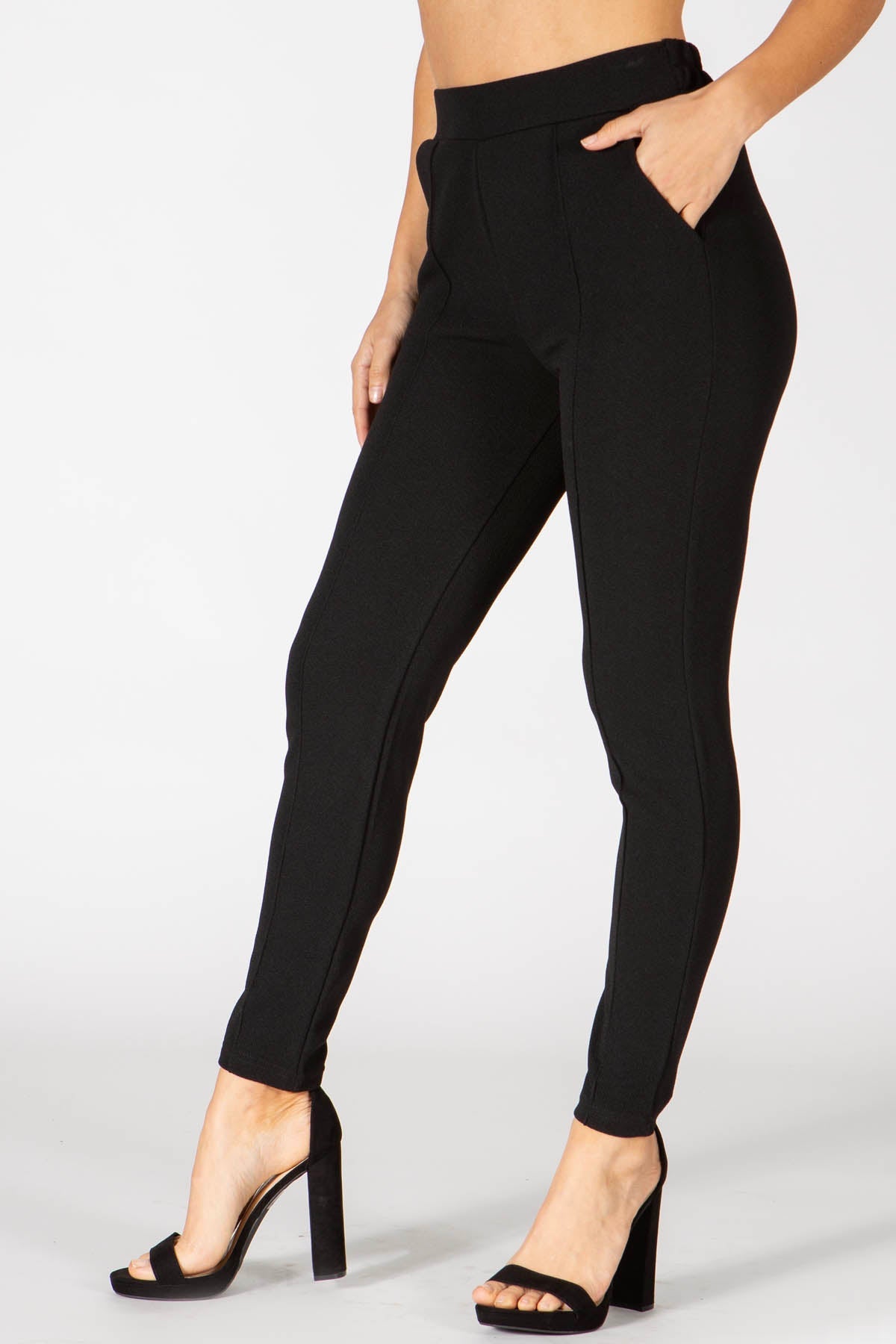 Wholesale Womens High Waist Textured Knit Slim Fit Pleat Pants - Black - S&G Apparel