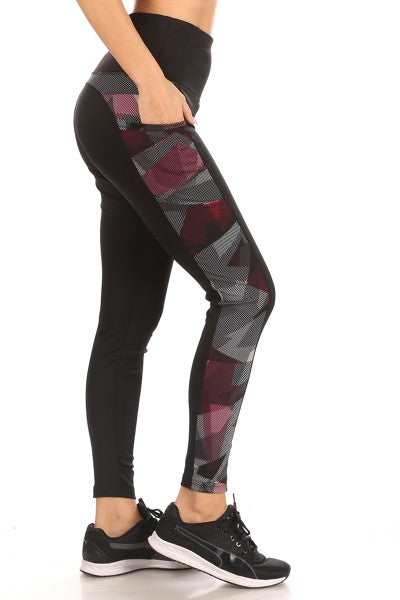 Wholesale Womens High Waist Tummy Control Sports Leggings With Contrast Side Phone Pockets - Black & Burgundy Geo - S&G Apparel