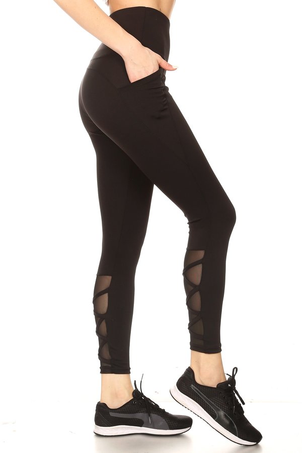 Wholesale Womens High Waist Tummy Control Sports Leggings With Pockets & Mesh Panels With Crossed Straps - Black - S&G Apparel